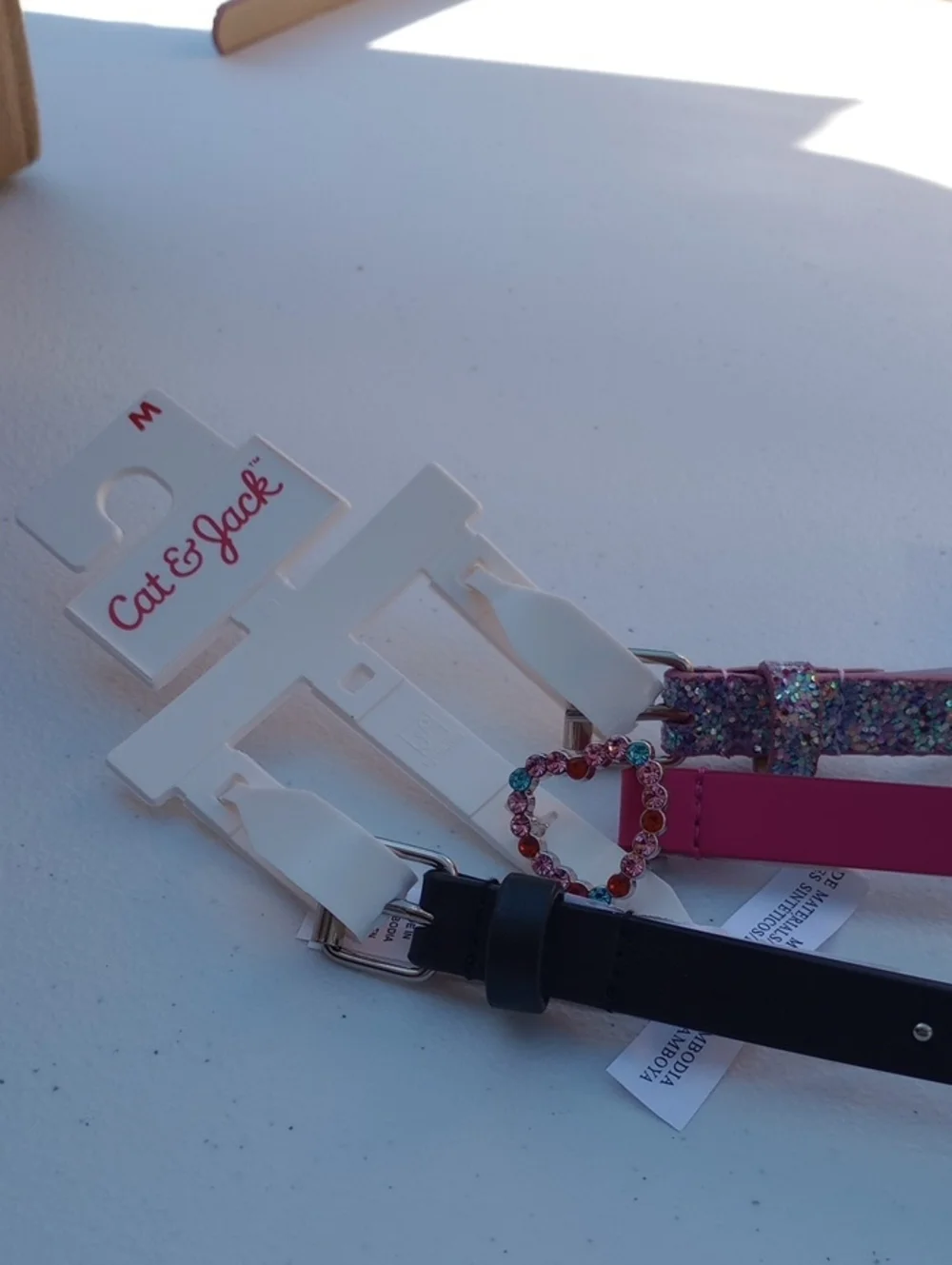 Cat & Jack Pink Jeweled Heart Buckle + Black And Purple Belt Set 3 Belts Total